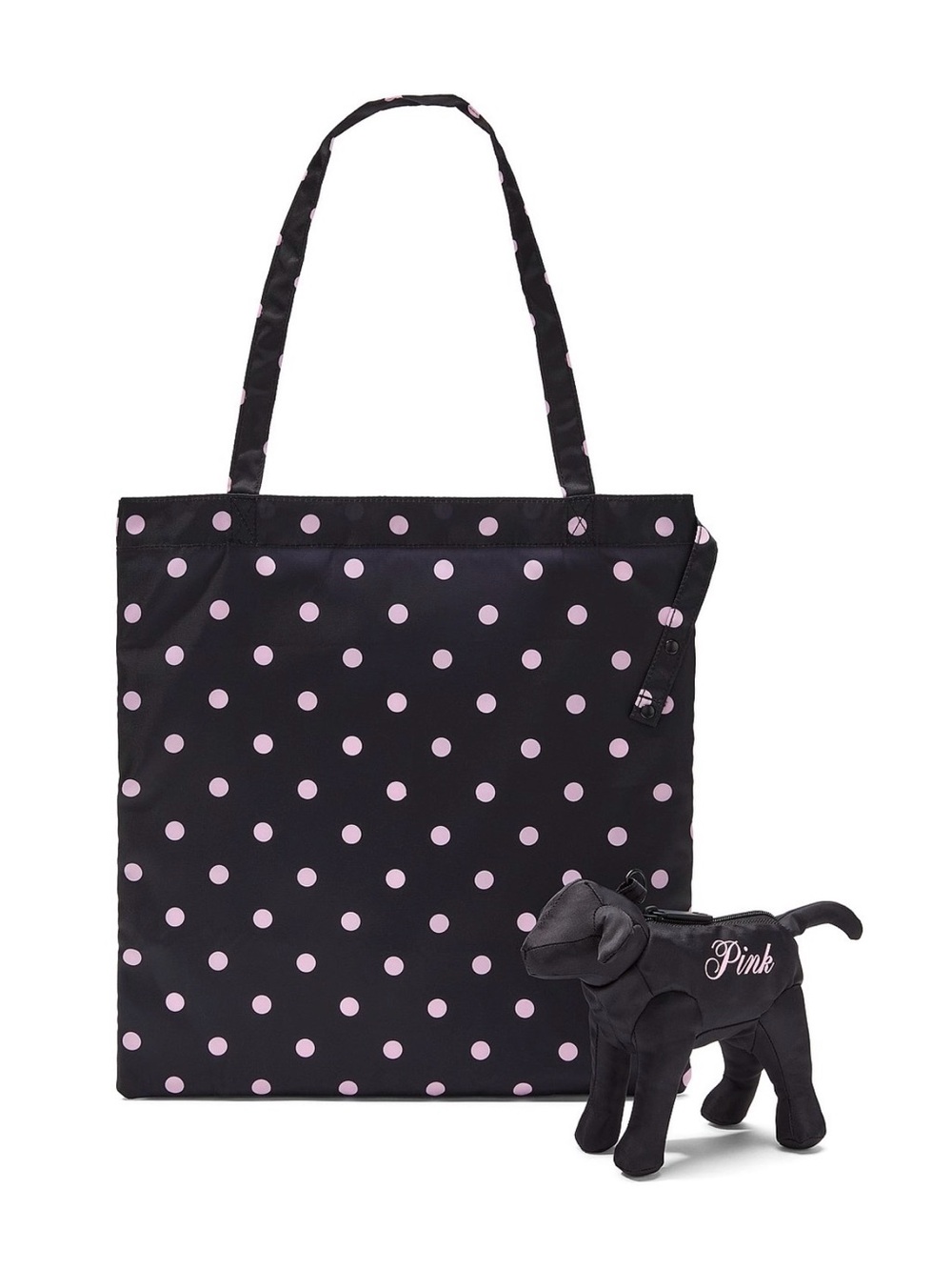 PINK Victoria's Secret Black and Pink Polka Dot Tote with Plush Dog Charm